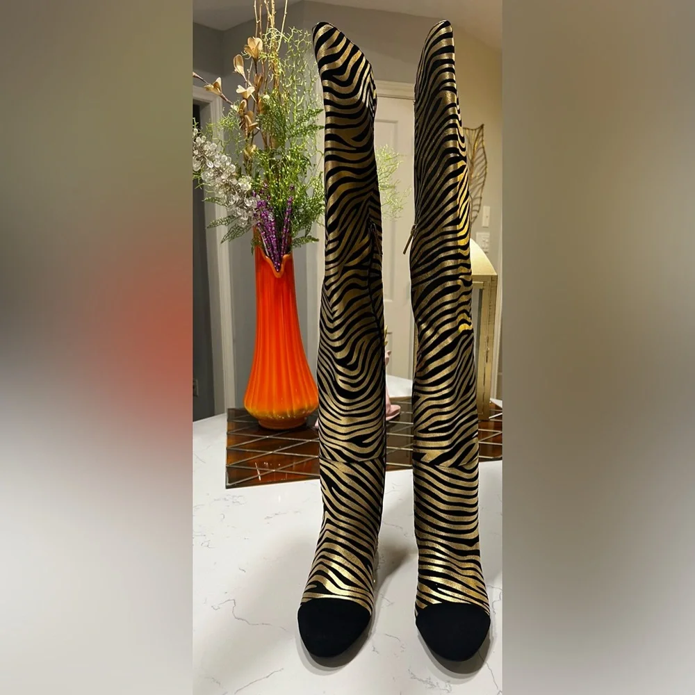 Kurt Geiger London Mayfair Zebra Metallic Gold Over The Knee OTK Boot 36.5 NWT